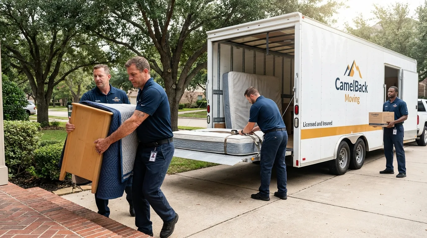 Crew loading residential truck for cross-state move from Carrollton, TX