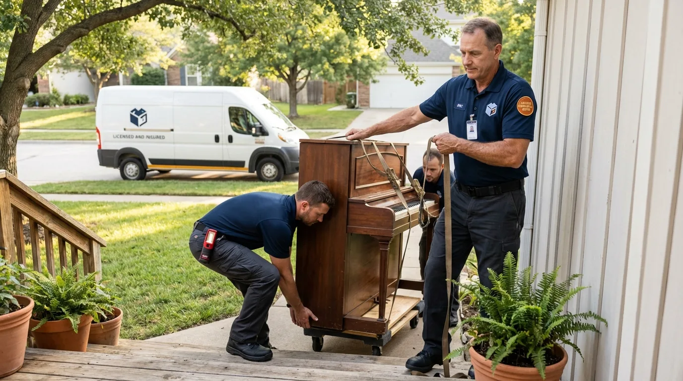 Licensed piano movers securing grand piano in Carrollton, TX