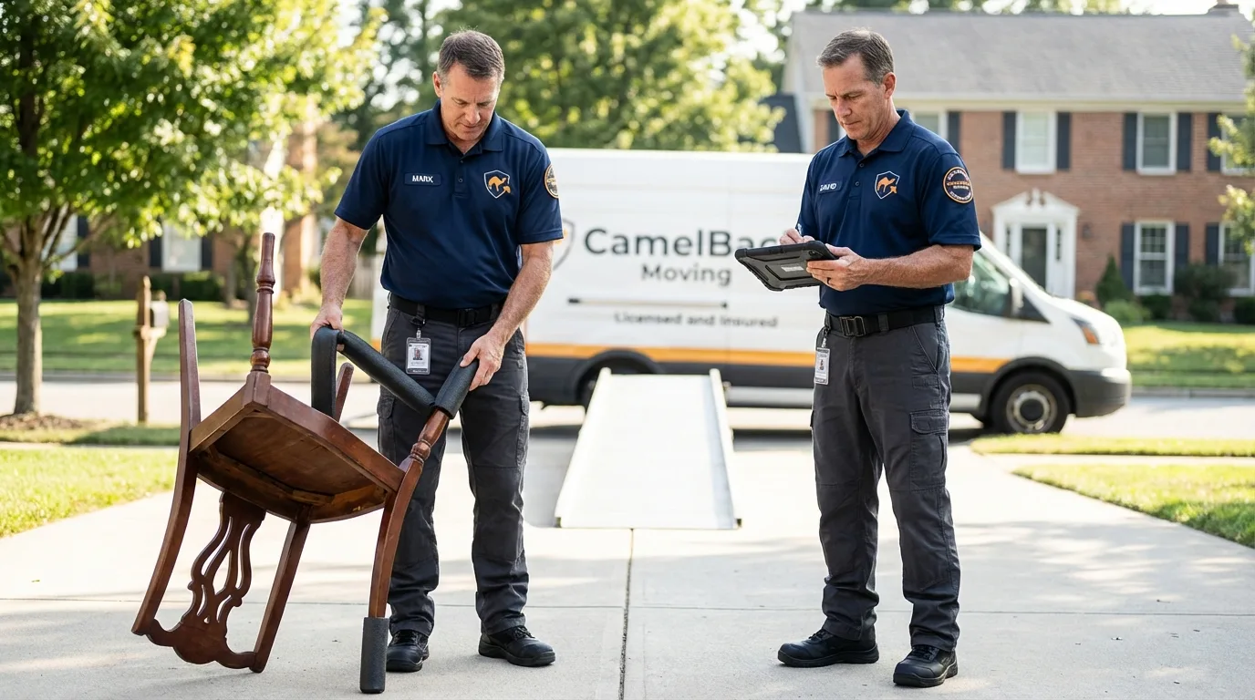 Movers inspecting furniture for damage prevention before loading in Carrollton, TX
