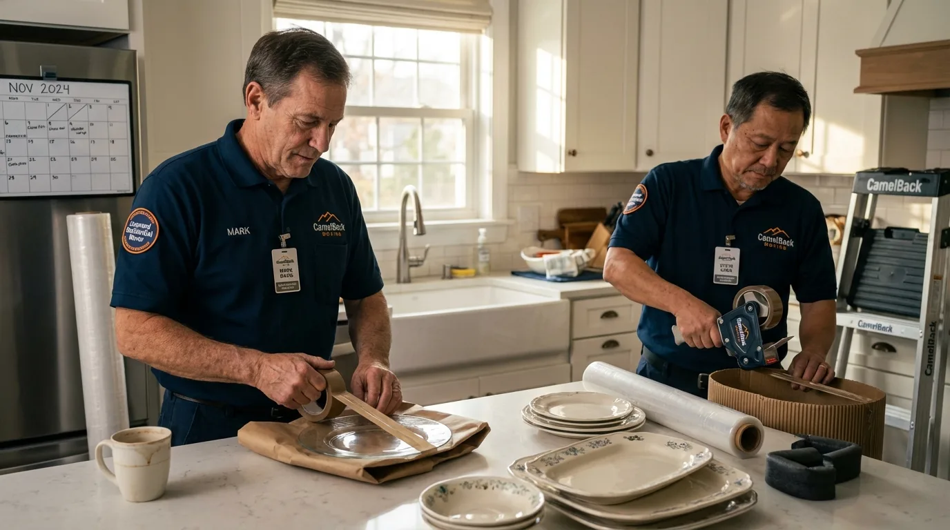 Professional crew packing kitchen dishware in Carrollton, TX
